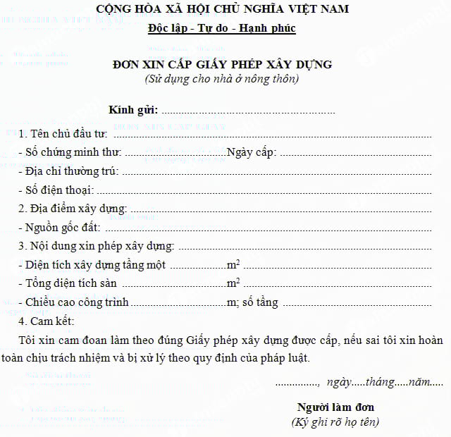 Đơn xin cấp giấy phép xây dựng nhà ở ở nông thôn