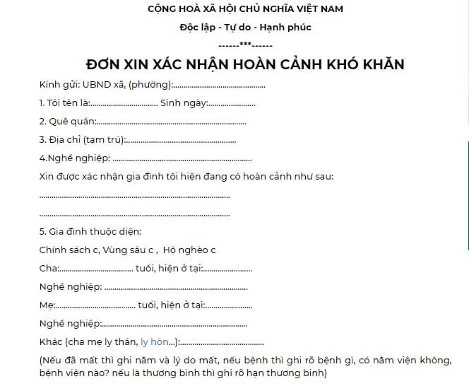 Mẫu đơn xác nhận hoàn cảnh khó khăn