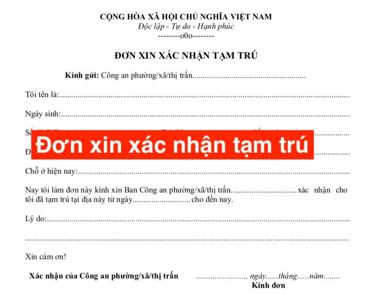 Mẫu đơn xác nhận tạm trú