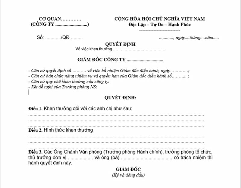 Hướng dẫn cách viết quyết định khen thưởng cho cá nhân, tổ chức