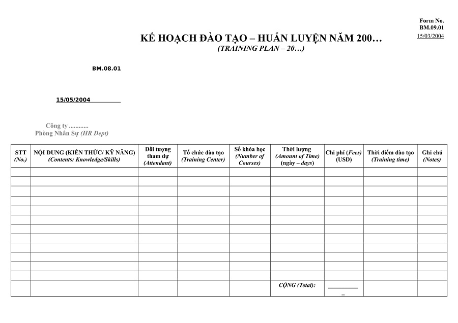 Mẫu kế hoạch chi tiết