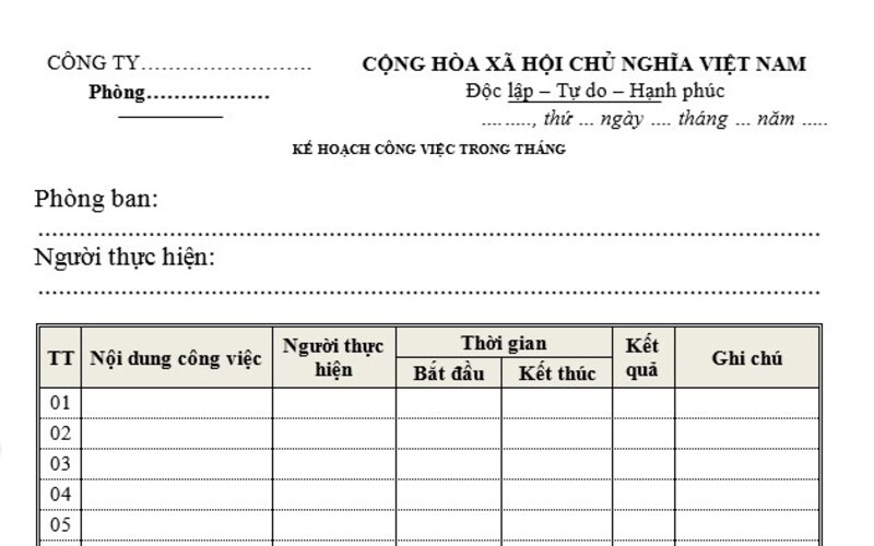 Bản kế hoạch công việc theo tháng