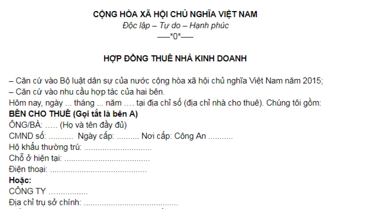 Mẫu hợp đồng cho thuê nhà để kinh doanh