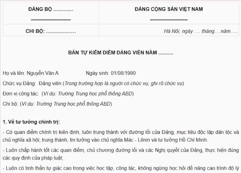 Mẫu kiểm điểm Đảng viên năm 2022